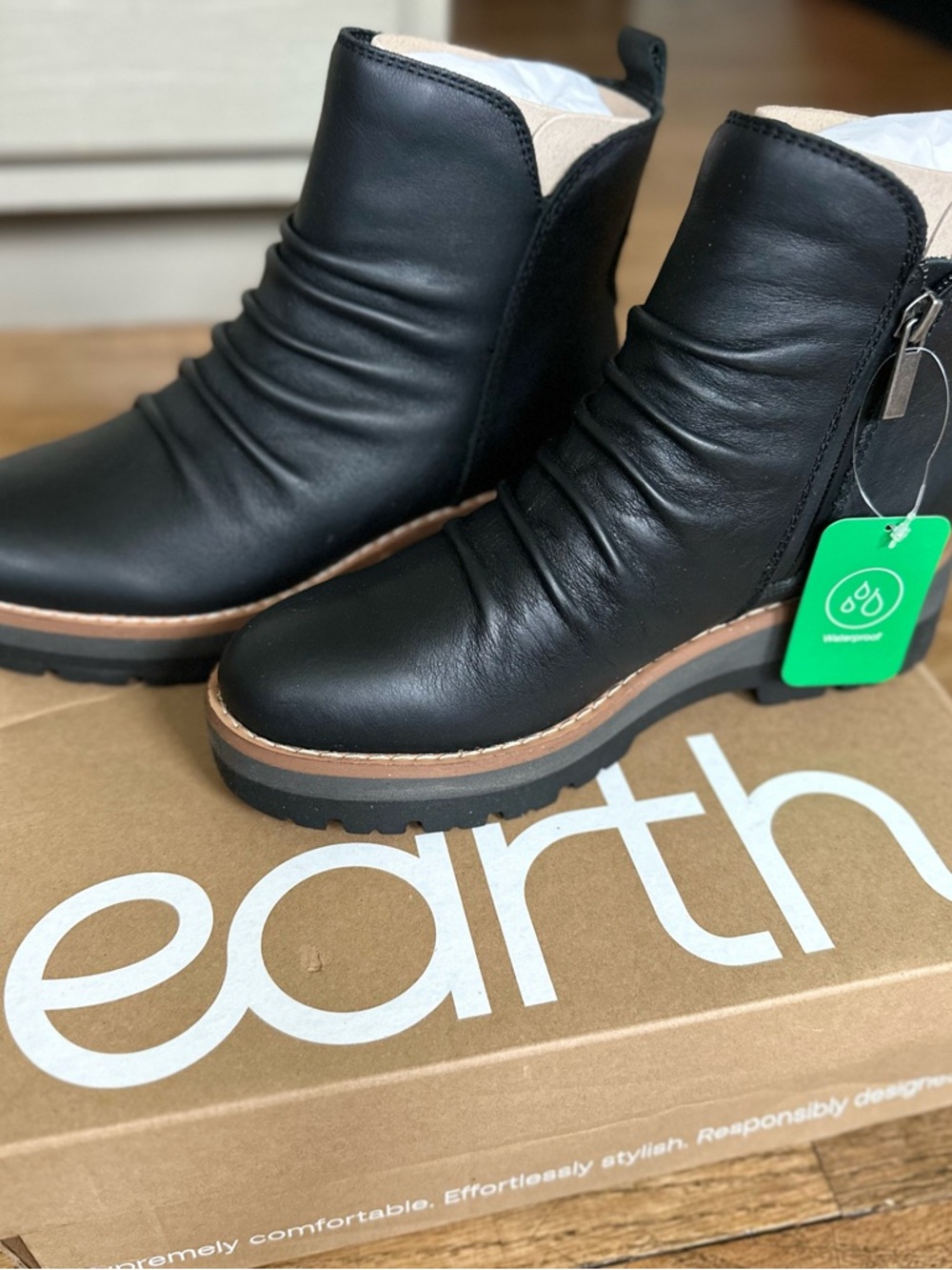 Earth Black Leather Waterproof Ankle Booties